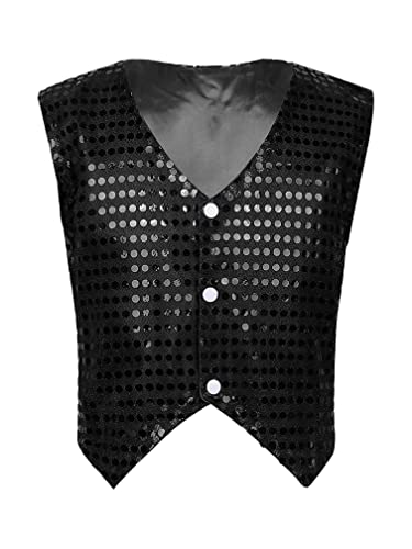 MSemis Unisex Kinder Jungen Mädchen Pailletten Weste Anzug Westen Glitzer Jazz Tanzbekleidung Performance Jacke mit Blingbling Effekt Gr. 122-164 Schwarz 122-128 von MSemis