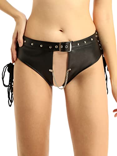 MSemis Wetlook Damen Hotpants Ouvert Slip Shorts Punk Leder Unterwäsche Strings Tanga Briefs Erotik Dessous Clubwear Gogo Tanzkostüm Schwarz M von MSemis
