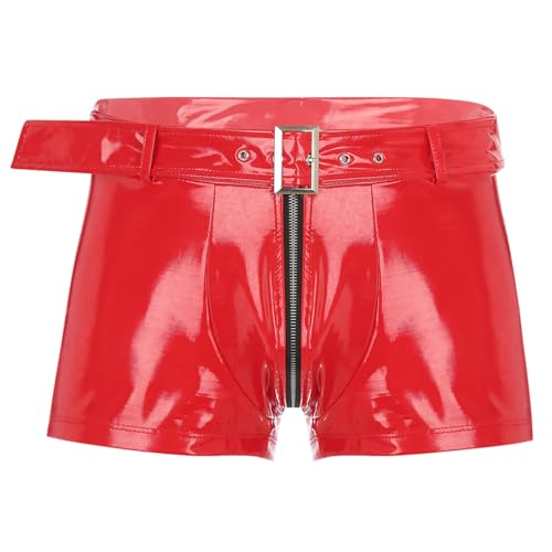 MSemis Wetlook Herren Boxershorts Glänzend Unterhose Lack Leder Kurze Hose Pants Briefs Männer Lederhose Erotik Dessous Unterwäsche M-4XL Rot J XXL von MSemis