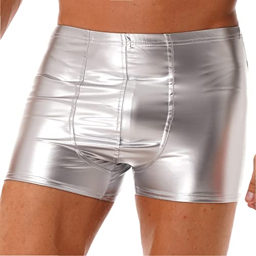 MSemis Wetlook Herren Boxershorts Glänzend Unterhose Lack Leder Kurze Hose Pants Briefs Männer Lederhose Erotik Dessous Unterwäsche M-4XL Silber H 4XL von MSemis