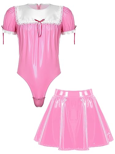 MSemis Wetlook Herren Dienstmädchen Kostüm Kleid Cosplay Uniform Lack Leder Dessous Set Sissy Kleid mit Schürze Reizwäsche Gogo Clubwear Rosa A XXL von MSemis