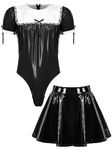 MSemis Wetlook Herren Dienstmädchen Kostüm Kleid Cosplay Uniform Lack Leder Dessous Set Sissy Kleid mit Schürze Reizwäsche Gogo Clubwear Schwarz A XL von MSemis