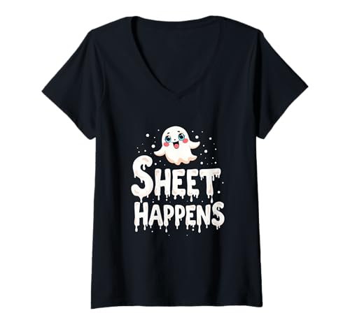 Damen Sheet Happens, lustiges Halloween T-Shirt mit V-Ausschnitt Damen Sheet Happens, lustiges Halloween T-Shirt mit V-Ausschnitt von MSpoace