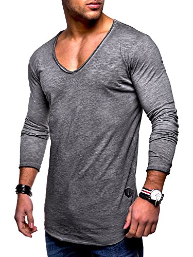 Rello & Reese Herren Oversize Longsleeve V-Neck Rundhals Sweatshirt MT-7314 [Dunkelgrau, von Rello & Reese