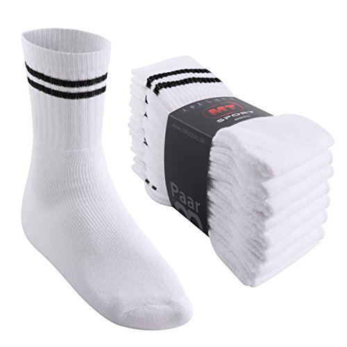 MT Damen und Herren Sport- und Freizeitsocken (8 Paar) Tennissocken - Weiss-Blackstripe 43-46 von MT