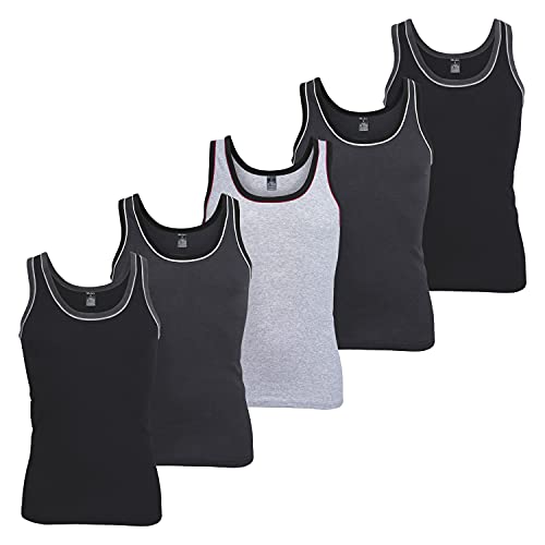 MT Herren Melange Tank-Top (5er Pack) Baumwoll Feinripp Unterhemden ärmellos - Mix mit Schwarz & Grau 5 (M) von MT