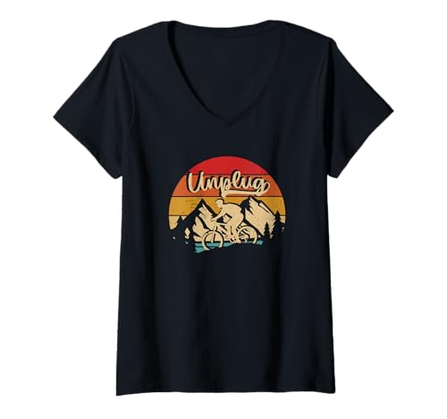 Damen MTB Mountainbike Unplug Vintage Sunset Sport Biker Reiten T-Shirt mit V-Ausschnitt von MTB Mountain Bike Unplug Sunset Biker Riding