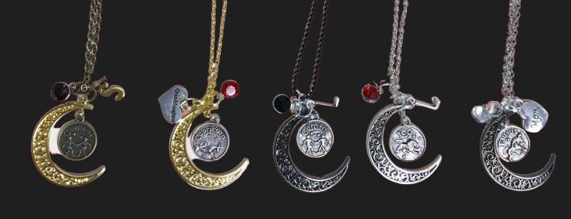 Personalisierte Sternzeichen Geburtsstein-Halskette Initialanhänger, Halbmond-Anhänger von MTCreationsjust4uLLC