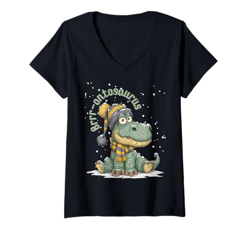 Damen Lustiges Winter-Dinosaurier-Brontosaurus-Cartoon-Design T-Shirt mit V-Ausschnitt Damen Lustiges Winter-Dinosaurier-Brontosaurus-Cartoon-Design T-Shirt mit V-Ausschnitt von MTJ-Mushrooms Dino Snow Scene