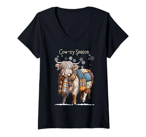 Damen Scottish Highland Cow-ZY Winter-Patchwork-Design T-Shirt mit V-Ausschnitt Damen Scottish Highland Cow-ZY Winter-Patchwork-Design T-Shirt mit V-Ausschnitt von MTJ-Mushrooms Fall Winter Cow-zy Scottish Highland