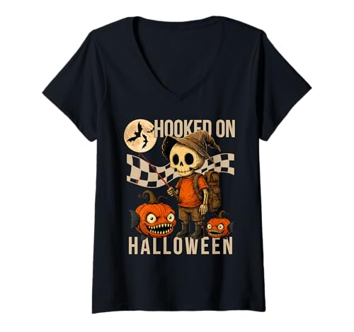 Damen Halloween Skelett Angeln Kürbis Design T-Shirt mit V-Ausschnitt von MTJ-Mushrooms Funny Halloween Design For Fisherman