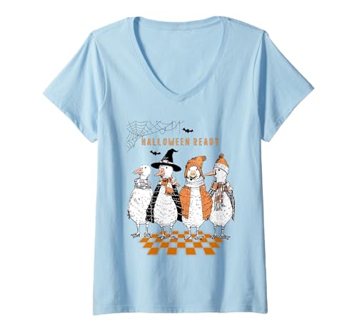 Damen Lustiges Herbst-Gansmotiv, bereit für Halloween, niedliches Herbst-Hexen-Design T-Shirt mit V-Ausschnitt von MTJ-Mushrooms Funny Halloween Geese Artwork