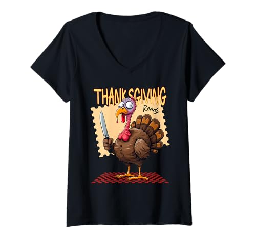 Damen Lustiger Thanksgiving Truthahn Cartoon mit Messer Humor T-Shirt mit V-Ausschnitt Damen Lustiger Thanksgiving Truthahn Cartoon mit Messer Humor T-Shirt mit V-Ausschnitt von MTJ-Mushrooms Funny Thanksgiving Turkey Design