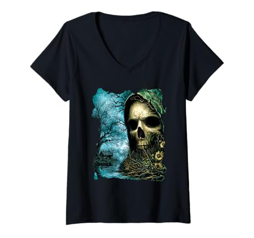 Damen Horrorkunstwerk Haunted Forest House, Szene in Dark Skull Lake T-Shirt mit V-Ausschnitt Damen Horrorkunstwerk Haunted Forest House, Szene in Dark Skull Lake T-Shirt mit V-Ausschnitt von MTJ-Mushrooms Halloween Gothic Horror Scene