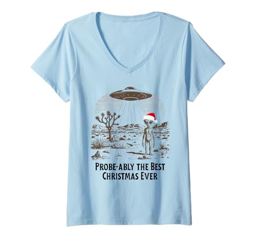 Damen Lustiges Alien-UFO-Weihnachtsmannmütze, Urlaubs-Design T-Shirt mit V-Ausschnitt Damen Lustiges Alien-UFO-Weihnachtsmannmütze, Urlaubs-Design T-Shirt mit V-Ausschnitt von MTJ-Mushrooms Retro Desert Alien UFO XMAS Design