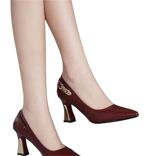 Brautschuhe Grundlegende Leder Damenschuhe Stiletto High Heels Spitze Zehen Damen Pumps Hochzeiten Party Schuhe(Wine red,34) von MTKSFDC
