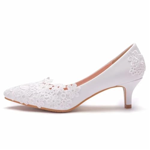Brautschuhe Mode Frauen Kristall Königin Weiß Spitze Blume Hochzeit Schuhe Frau Punkt Zehe Rutscht Dame Kleid Wohnungen(37) von MTKSFDC