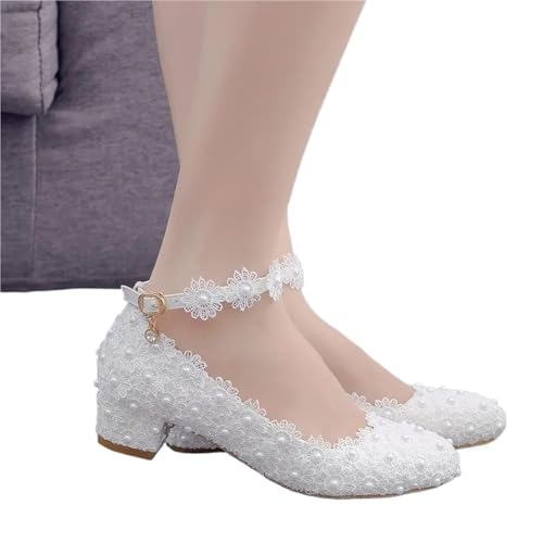 Brautschuhe Mode Weibliche Hochzeit Schuhe Brautjungfer Bankett Weiß Spitze Blume Perle Runde Kappe Platz High Heels(White,41) von MTKSFDC