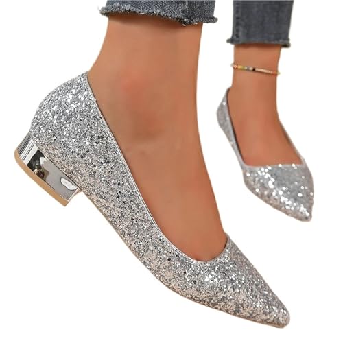Brautschuhe Silberne Pumps Mit Niedrigem Absatz Und Glänzenden Pailletten, Spitze Zehenschuhe, Einfache Damenschuhe Mit Dickem Absatz(36) von MTKSFDC