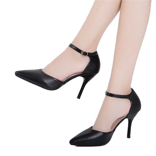 Brautschuhe Weiche Leder Damenschuhe Spitzschuh High Heels Knöchelriemen Cover Heel Damenschuhe(Black 8CM,42) von MTKSFDC