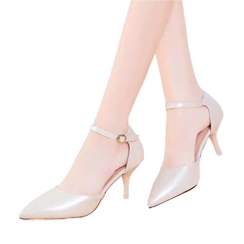 Brautschuhe Weiche Leder Damenschuhe Spitzschuh High Heels Knöchelriemen Cover Heel Damenschuhe(White 6CM,41) von MTKSFDC