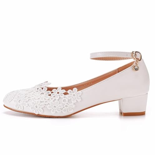 Brautschuhe Weiße Spitze Frauen Pumps Plattform 3CM High Heels Ankle Strap Damen Büro Party Tanz Hochzeit Schuhe(38) von MTKSFDC