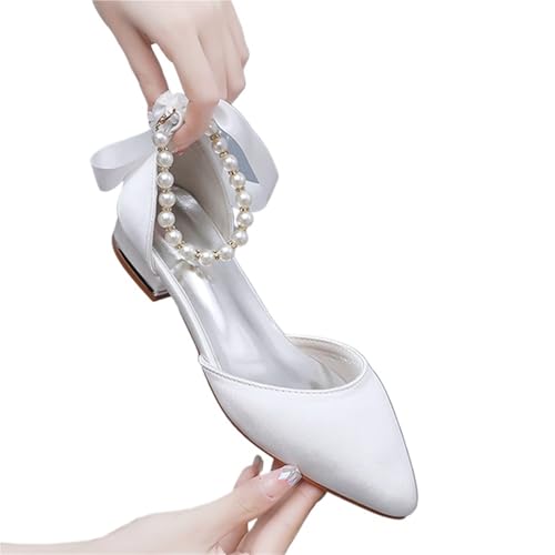 MTKSFDC Brautschuhe Crystal Queen Pearl Strapping High Heels Schuhe Square Heel Spitz Hohl Damen Sandalen Party Flat(Beige,39) von MTKSFDC