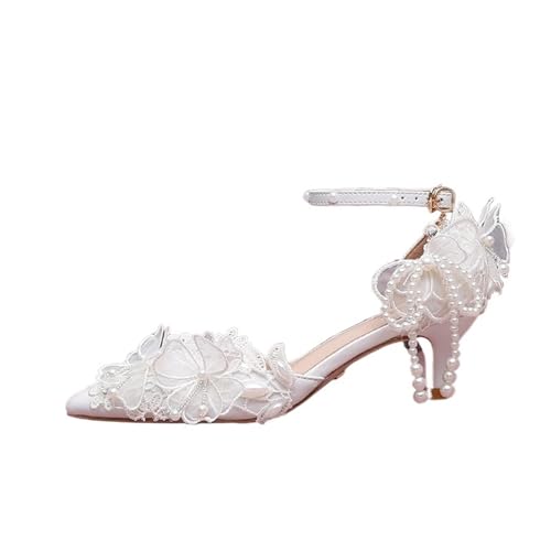 MTKSFDC Brautschuhe Weiße Blumenpumpen Damen Hochzeitsschuhe Braut High Heels Sandalen for Damen Party Kleid Schuhe(5cm,39) von MTKSFDC