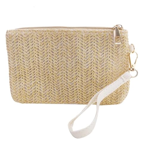 MTKSFDC GeldböRse Damen Weben Lange Brieftasche Damen Armband Clutch Frauen Täglich Geld Telefon Clutch Gewebte Geldbörse Strand Karte Tasche(Beige) von MTKSFDC