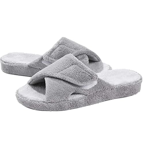 MTKSFDC Schlappen Flauschige Hausschuhe for Damen, verstellbare Hausschuhe mit Fußgewölbeunterstützung aus Frottee, for vier Jahreszeiten, offener Zehenbereich(Gray,39(9.4 inch)) von MTKSFDC