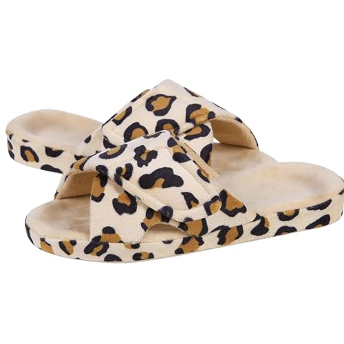 MTKSFDC Schlappen Flauschige Hausschuhe for Damen, verstellbare Hausschuhe mit Fußgewölbeunterstützung aus Frottee, for vier Jahreszeiten, offener Zehenbereich(Leopard Print,38(9.2 inch)) von MTKSFDC