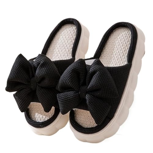 MTKSFDC Schlappen Frühling Sommer Bowknot Hausschuhe for Frauen Hause Hausschuhe Licht Damen Flip-Flops Schuhe Frau Dicke Sohle Flache Leinen Sandalen(B-black,40-41) von MTKSFDC