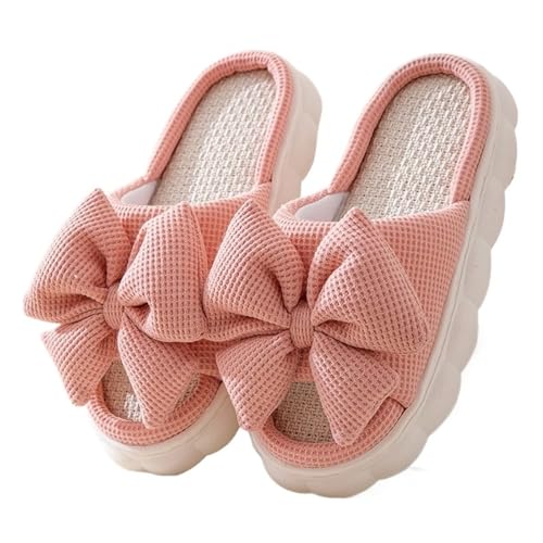 MTKSFDC Schlappen Frühling Sommer Bowknot Hausschuhe for Frauen Hause Hausschuhe Licht Damen Flip-Flops Schuhe Frau Dicke Sohle Flache Leinen Sandalen(B-pink,40-41) von MTKSFDC
