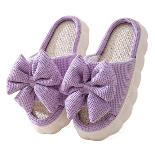 MTKSFDC Schlappen Frühling Sommer Bowknot Hausschuhe for Frauen Hause Hausschuhe Licht Damen Flip-Flops Schuhe Frau Dicke Sohle Flache Leinen Sandalen(B-purple,40-41) von MTKSFDC