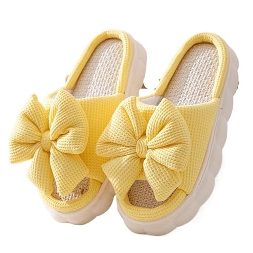 MTKSFDC Schlappen Frühling Sommer Bowknot Hausschuhe for Frauen Hause Hausschuhe Licht Damen Flip-Flops Schuhe Frau Dicke Sohle Flache Leinen Sandalen(B-yellow,44-45) von MTKSFDC