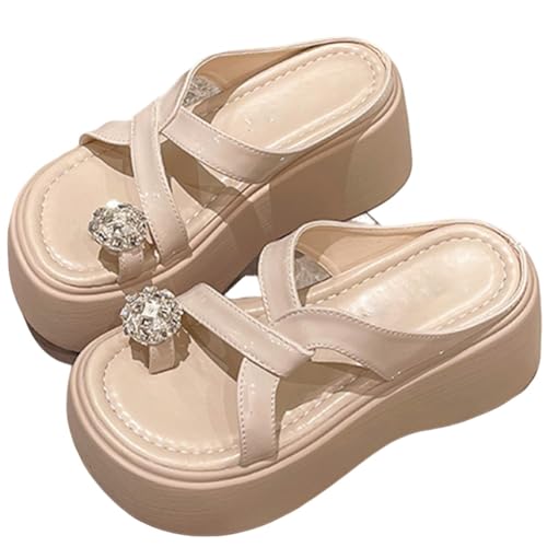 Elegante Plateau-Keilsandalen for Damen im Sommer, modische Schwarze Flip-Flops, Bequeme Sandalen im Strandurlaubsstil, 7,5 cm Höhenzunahme(Beige,38 EU) von MTNBHH