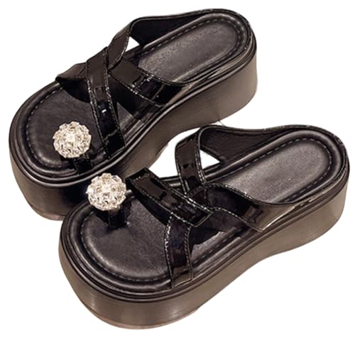 Elegante Plateau-Keilsandalen for Damen im Sommer, modische Schwarze Flip-Flops, Bequeme Sandalen im Strandurlaubsstil, 7,5 cm Höhenzunahme(Noir,38 EU) von MTNBHH