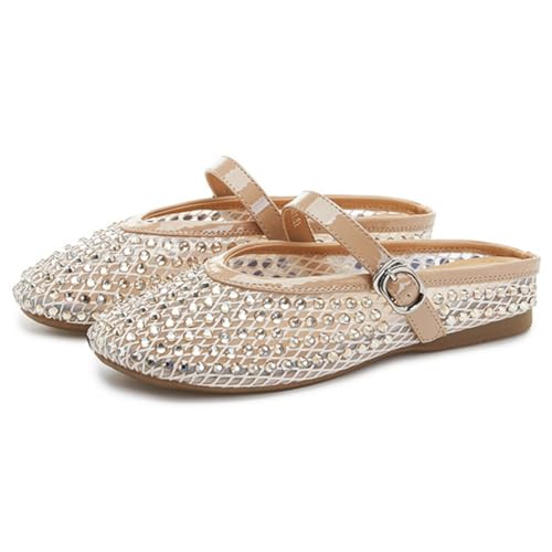 Flache Sandalen for Damen, modische, luxuriöse, Flache Slipper mit Strasssteinen, atmungsaktive, runde Zehenpartie, leichte, rutschfeste Sommer-Wandersandalen(Beige,40 EU) von MTNBHH