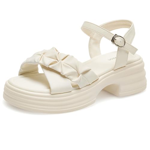 MTNBHH Plateausandalen for Damen, Sommermode, offene Keilsandalen for Kleider mit Fußgewölbeunterstützung, 5,5 cm Dicker Absatz, Verstellbarer Knöchelschnalle aus Metall(White,35 EU) von MTNBHH