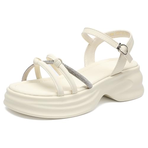 Modische Flache Sandalen mit Strasssteinen und Knöchelriemen for Damen mit Fußgewölbeunterstützung – Orthopädische Plateausandalen, Sommerschuhe mit offener Spitze, 5,5 cm Höhenerhöhung,(White,39 EU) von MTNBHH