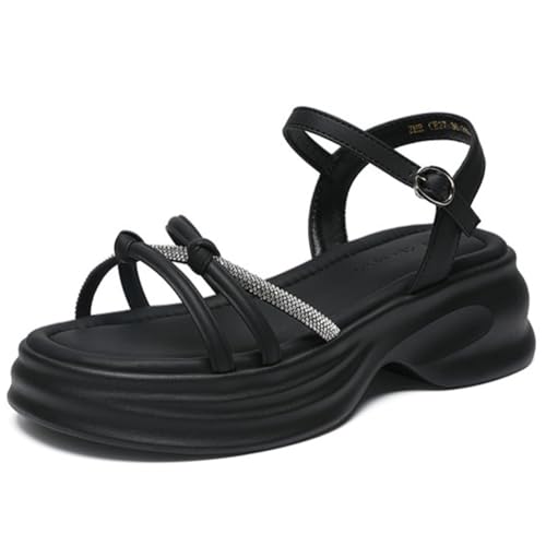 Modische Flache Sandalen mit Strasssteinen und Knöchelriemen for Damen mit Fußgewölbeunterstützung – Orthopädische Plateausandalen, Sommerschuhe mit offener Spitze, 5,5 cm Höhenerhöhung,(Noir,36 EU) von MTNBHH