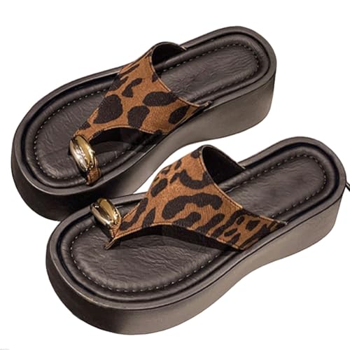 Plateausandalen zur Unterstützung des Fußgewölbes, 2025 Damen, elegant, for den Sommer, bequem, offene Zehenpartie, Zehenring aus Metall, T-Riemen, Strand-Keil-Flip-Flops(Leopard,35 EU) von MTNBHH