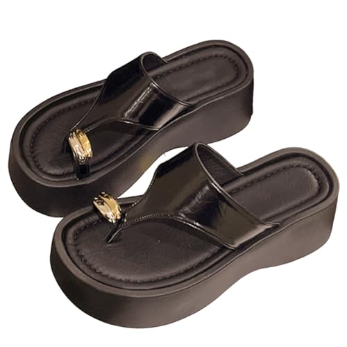 Plateausandalen zur Unterstützung des Fußgewölbes, 2025 Damen, elegant, for den Sommer, bequem, offene Zehenpartie, Zehenring aus Metall, T-Riemen, Strand-Keil-Flip-Flops(Noir,37 EU) von MTNBHH
