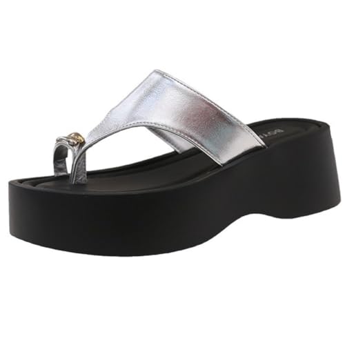 Plateausandalen zur Unterstützung des Fußgewölbes, 2025 Damen, elegant, for den Sommer, bequem, offene Zehenpartie, Zehenring aus Metall, T-Riemen, Strand-Keil-Flip-Flops(Silver,38 EU) von MTNBHH