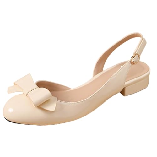 Sandalen for Damen, 2025 Neue süße Sandalen mit Schleife und niedrigem Blockabsatz, runde Zehenpartie, Lackleder, Flacher Schnitt, for den Sommer, mit Schnalle und Knöchelriemen(Beige,37 EU) von MTNBHH