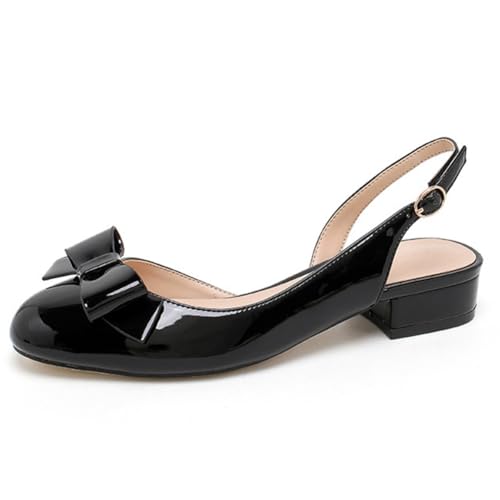 Sandalen for Damen, 2025 Neue süße Sandalen mit Schleife und niedrigem Blockabsatz, runde Zehenpartie, Lackleder, Flacher Schnitt, for den Sommer, mit Schnalle und Knöchelriemen(Noir,38 EU) von MTNBHH