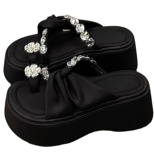Sandalen for Damen, Sommermode, schwarz, glänzende Strass-Flip-Flops, Strand-Slipper mit offener Spitze und Plateau(Noir,35 EU) von MTNBHH