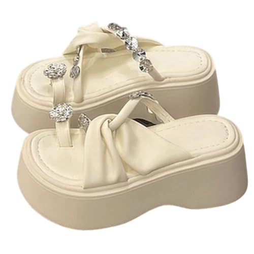 Sandalen for Damen, Sommermode, schwarz, glänzende Strass-Flip-Flops, Strand-Slipper mit offener Spitze und Plateau(White,37 EU) von MTNBHH