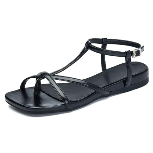 Sandalen for Damen, offene Zehenpartie, Knöchelriemen, Flache Sandalen, Elegante Zehentrenner for den Sommer am Strand, Schwarz(Noir,38 EU) von MTNBHH