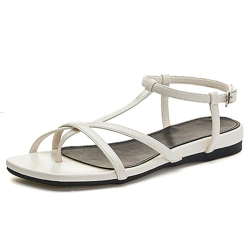 Sandalen for Damen, offene Zehenpartie, Knöchelriemen, Flache Sandalen, Elegante Zehentrenner for den Sommer am Strand, Schwarz(White,38 EU) von MTNBHH